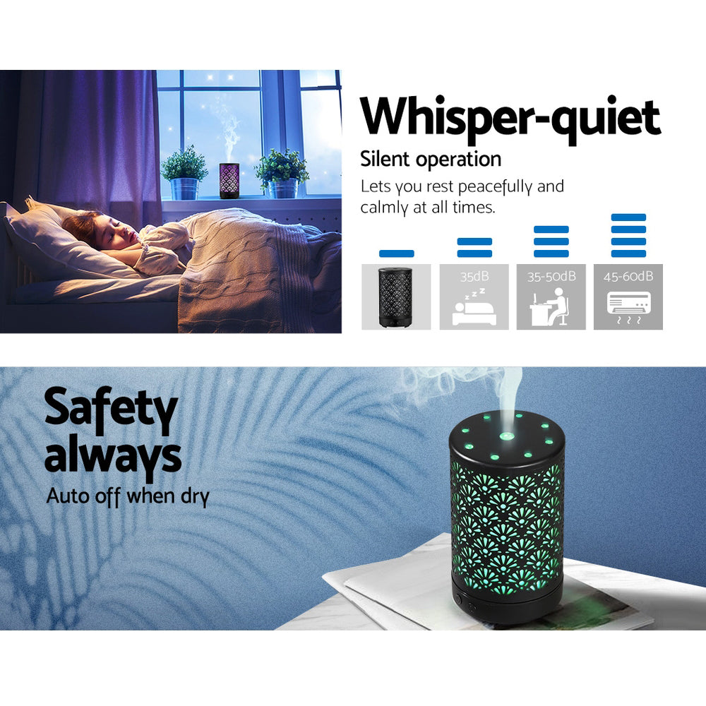 Aromatherapy Essential Oils Diffuser with Metal Cover - Ultrasonic Cool Mist - 100ml - Remote Control Black