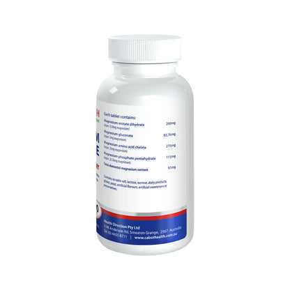 Ingredient Per 1 tab  Magnesium orotate dihydrate - 200 mg equiv. Magnesium 12.8 mg  Magnesium gluconate dihydrate - 92.76 mg equiv. Magnesium5 mg  Magnesium amino acid chelate 275 mg equiv. Magnesium55 mg  Magnesium phosphate 115 mg equiv. Magnesium23.76 mg  Total Magnesium 97 mg