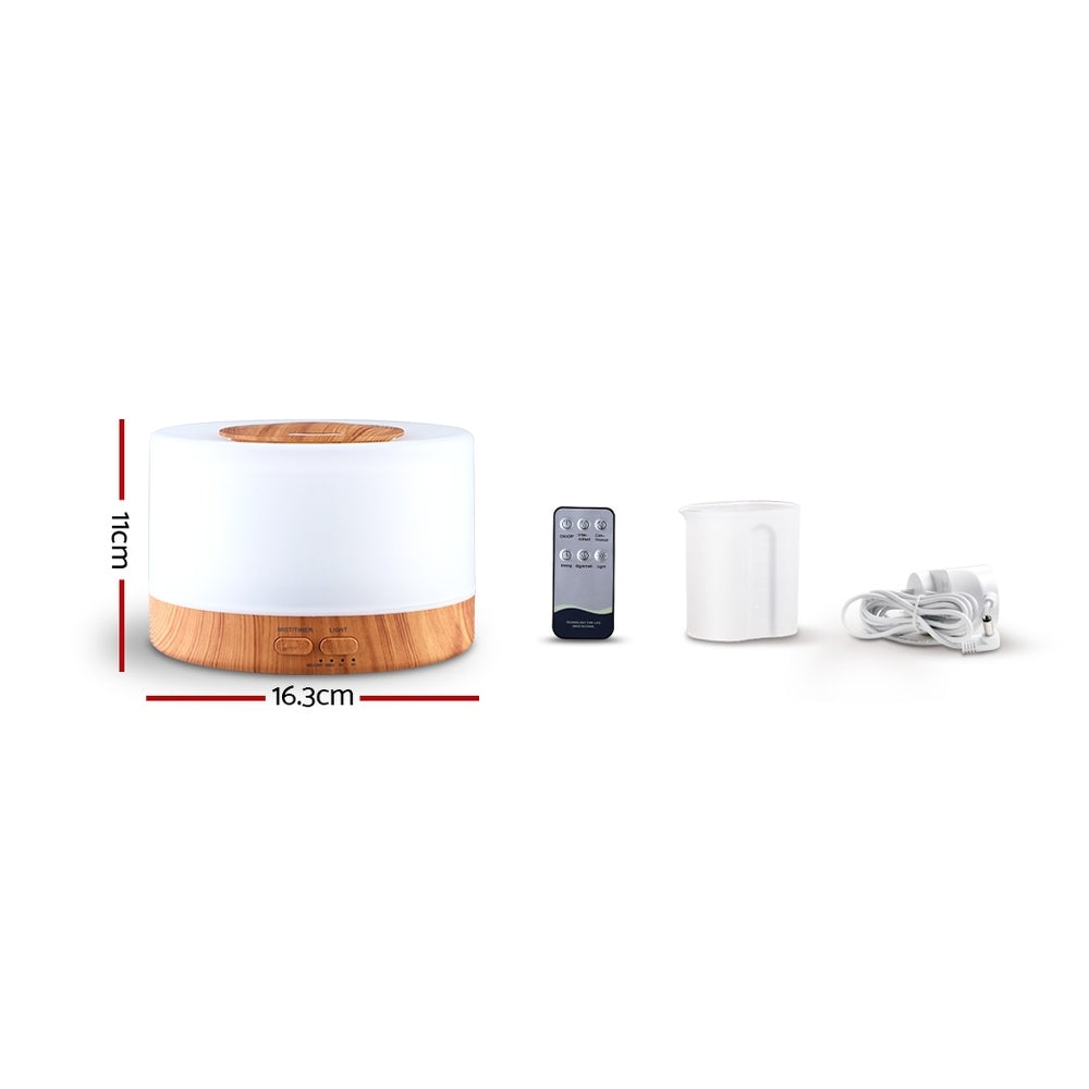 Aroma Diffuser Aromatherapy LED Night Light - Air Humidifier, Purifier - Round Light Wood Grain - 500ml - Remote Control