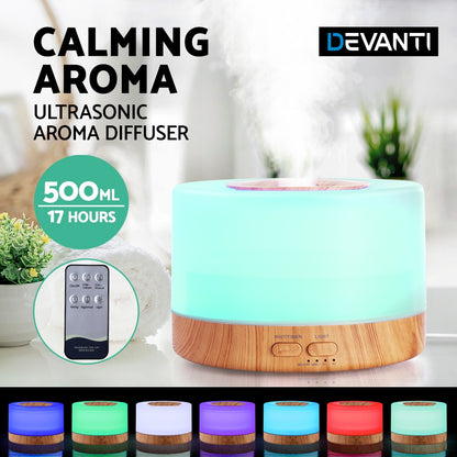 Aroma Diffuser Aromatherapy LED Night Light - Air Humidifier, Purifier - Round Light Wood Grain - 500ml - Remote Control