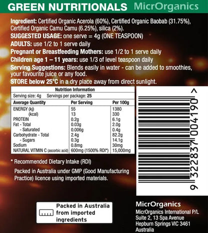 Organic Green Vitamin C Label. 600mg Vitamin C per Serve